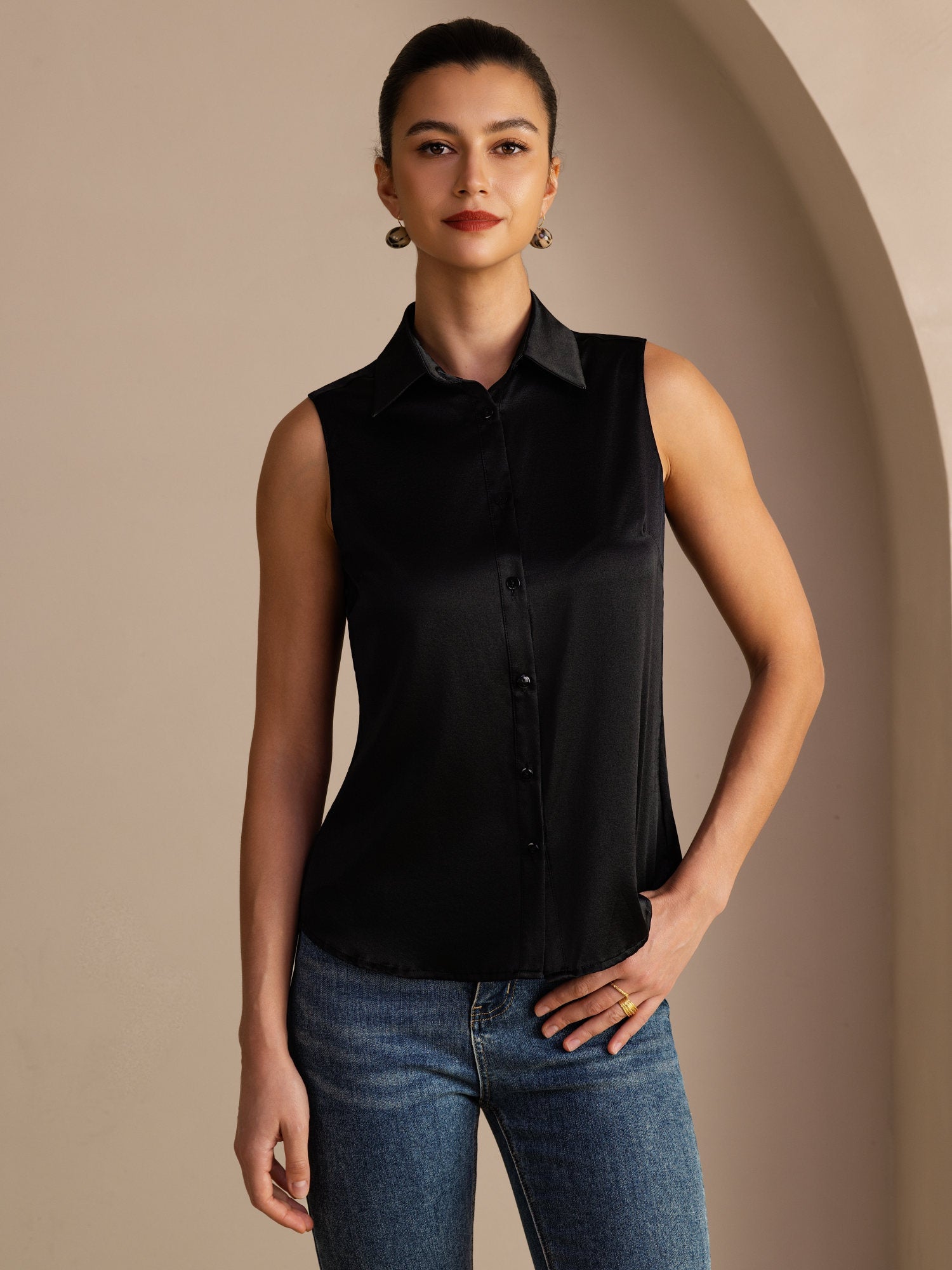 [Noir] SilkSilky-FR Sleeveless Lapel Collar Femme Chemise 001