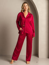 [Rouge Vineux] SilkSilky-FR 19Momme Manches longues Col Cranté Femme Pyjamas 003