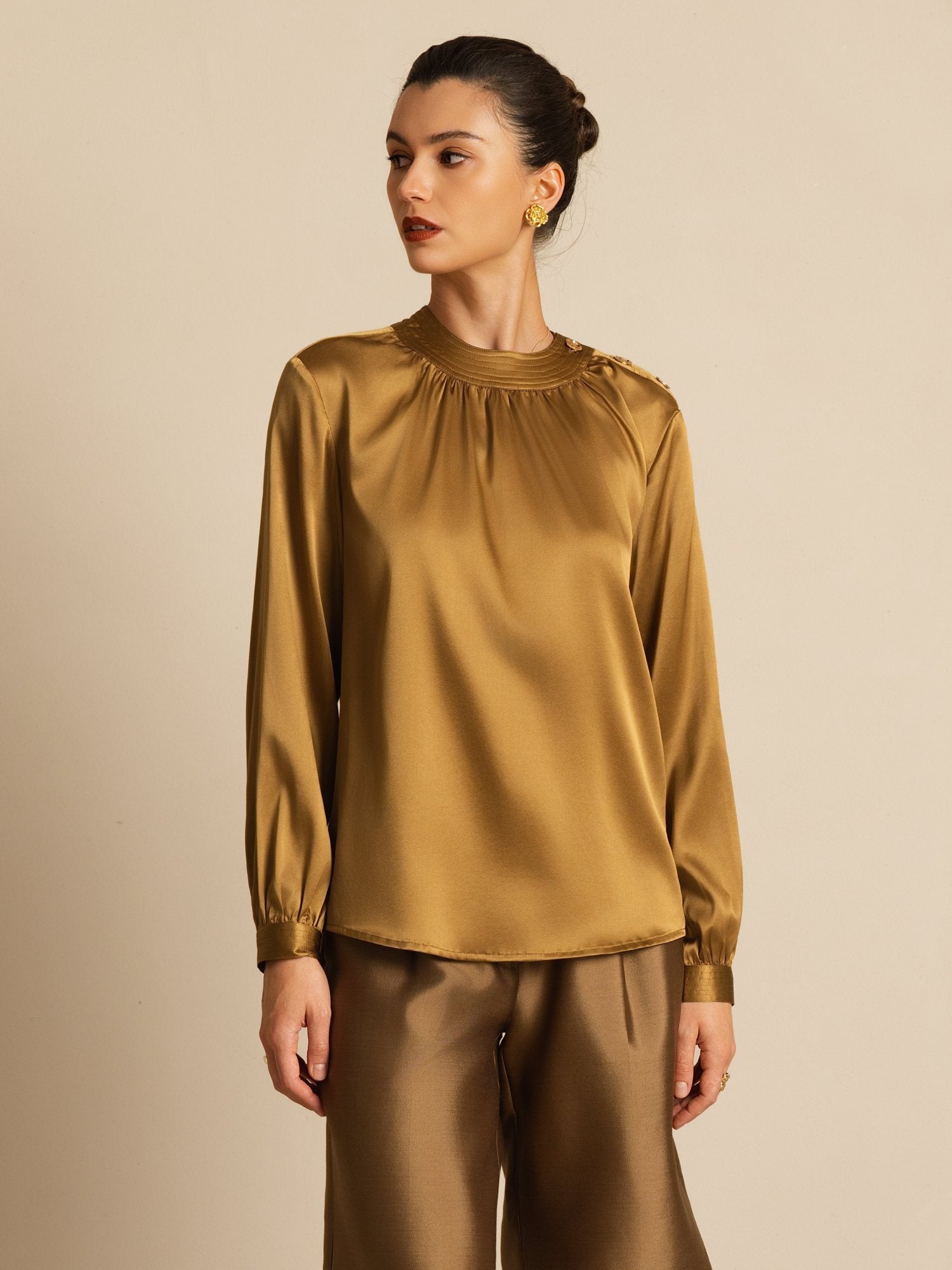 [Bronze] SilkSilky-FR 19Momme Soie Manches longues Col Rond Blouse 004