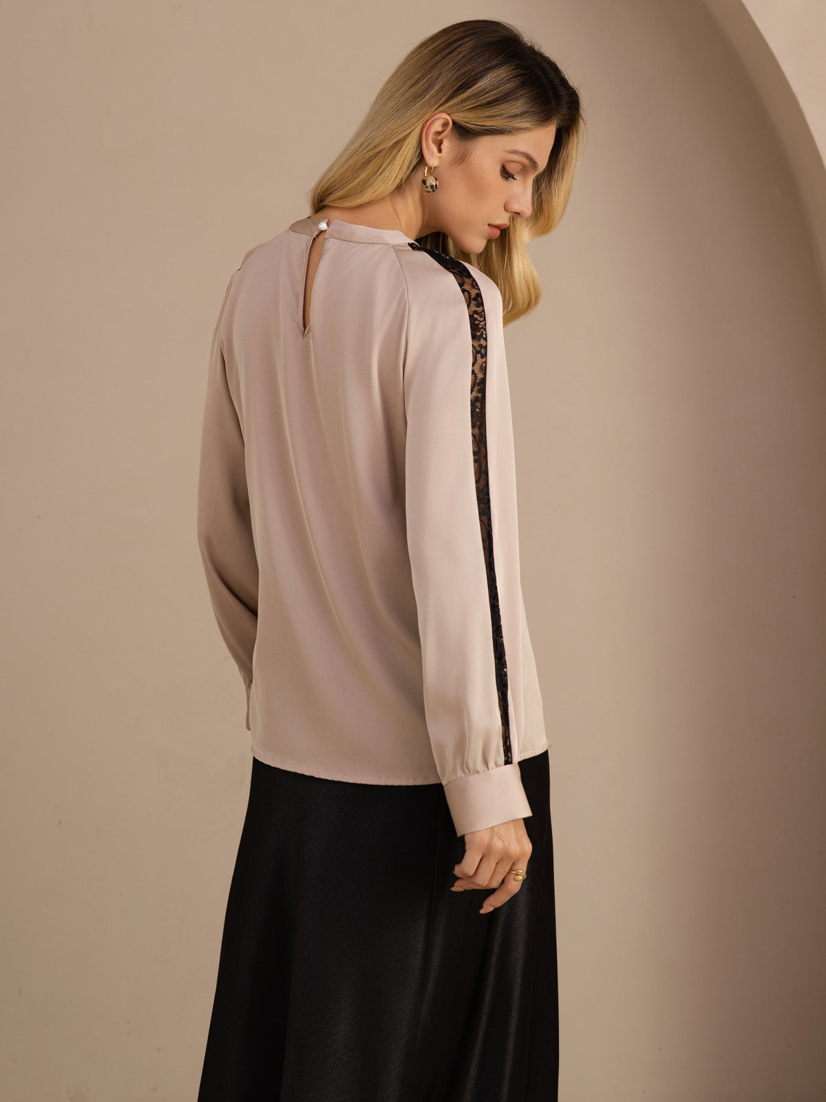 [Tan] SilkSilky-FR Long Sleeve Keyhole Neck Blouse 002