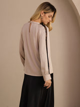 [Tan] SilkSilky-FR Long Sleeve Keyhole Neck Blouse 002