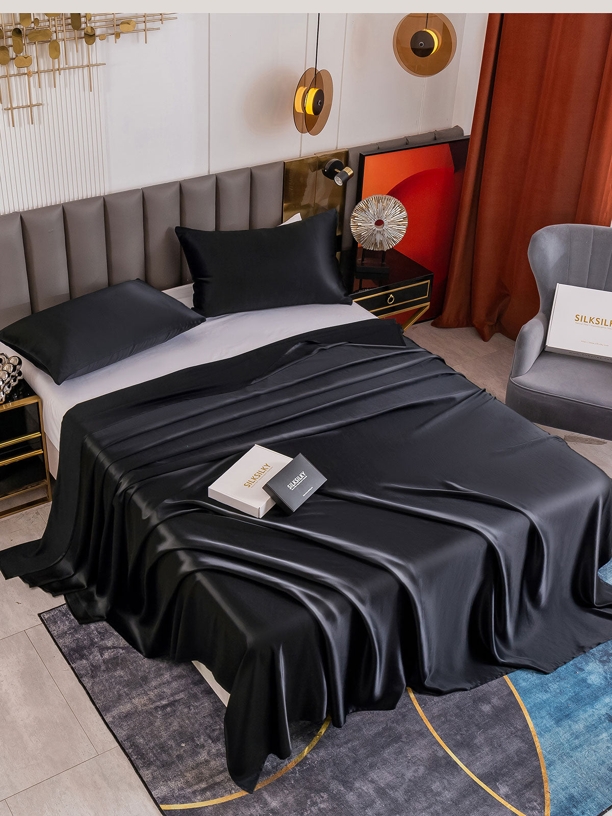 SilkSilky FR 19Momme Pure Soie Bedding Set Noir 001