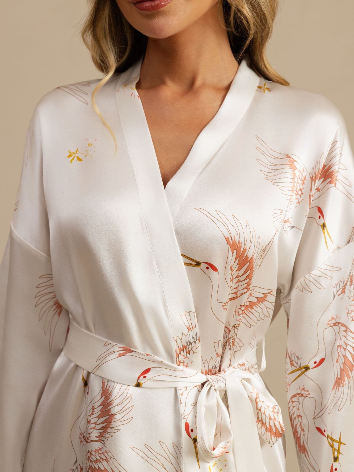 [Blanc] SilkSilky-FR 19Momme Trois-quart Femme Peignoir 005