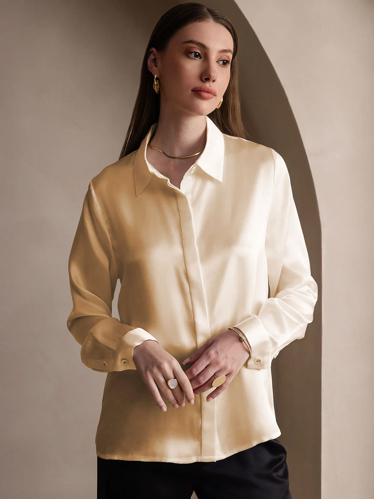 [Champagne] SilkSilky-FR 19Momme Soie Lapel Collar Femme Chemise 005