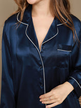 [Bleu Foncé] SilkSilky-FR Long Sleeve Lapel Collar Femme Pyjamas 003