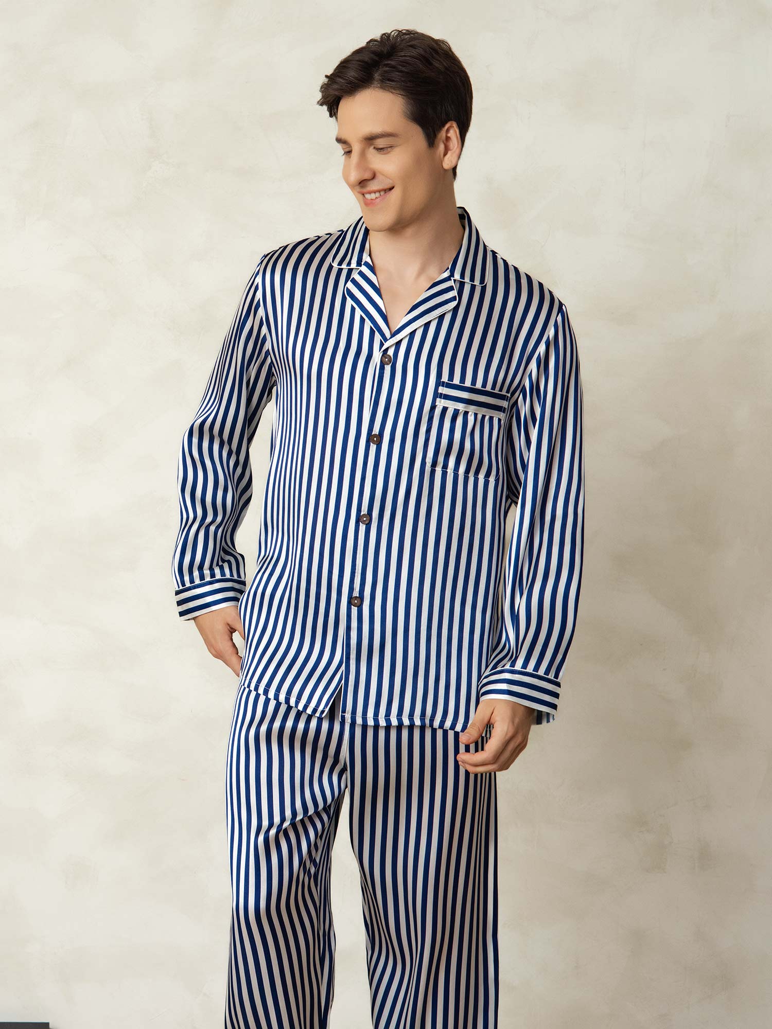 [Rayure Marine] SilkSilky-FR 19Momme Pure Soie Mens Pajamas 005