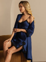 [Bleu Foncé] SilkSilky-FR Manches mi-longues Col V Peignoir&Robe de Chambre 007