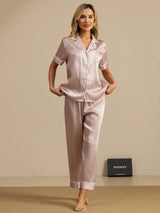 [Rose Cœur Geo] SilkSilky-FR Short Sleeve Lapel Collar Femme Pyjamas 001