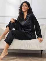 [Noir] SilkSilky-FR Long Sleeve Lapel Collar Femme Pyjamas 001