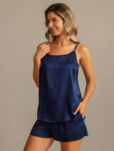 [Bleu Foncé] SilkSilky-FR 19Momme Soie Sans manches Col Rond Ensemble Camisole 007