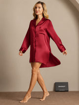 [Rouge Vineux] SilkSilky-FR Long Sleeve Lapel Collar Chemise pour dormir 008