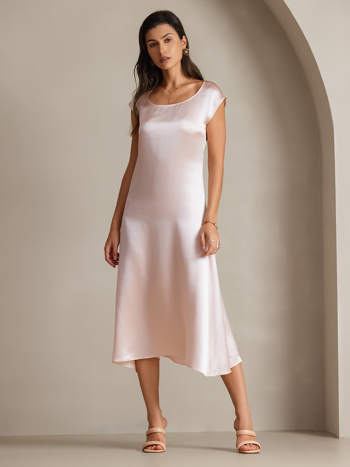 [Rose] SilkSilky-FR 19Momme Soie Col Rond Robes 006