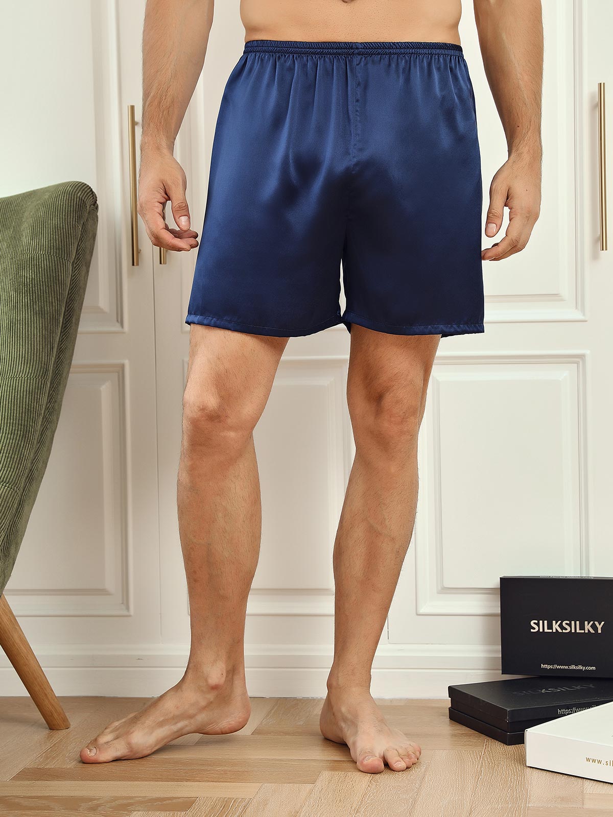 [Bleu Foncé] SilkSilky-FR 19Momme Mens Sleep Bottoms 003