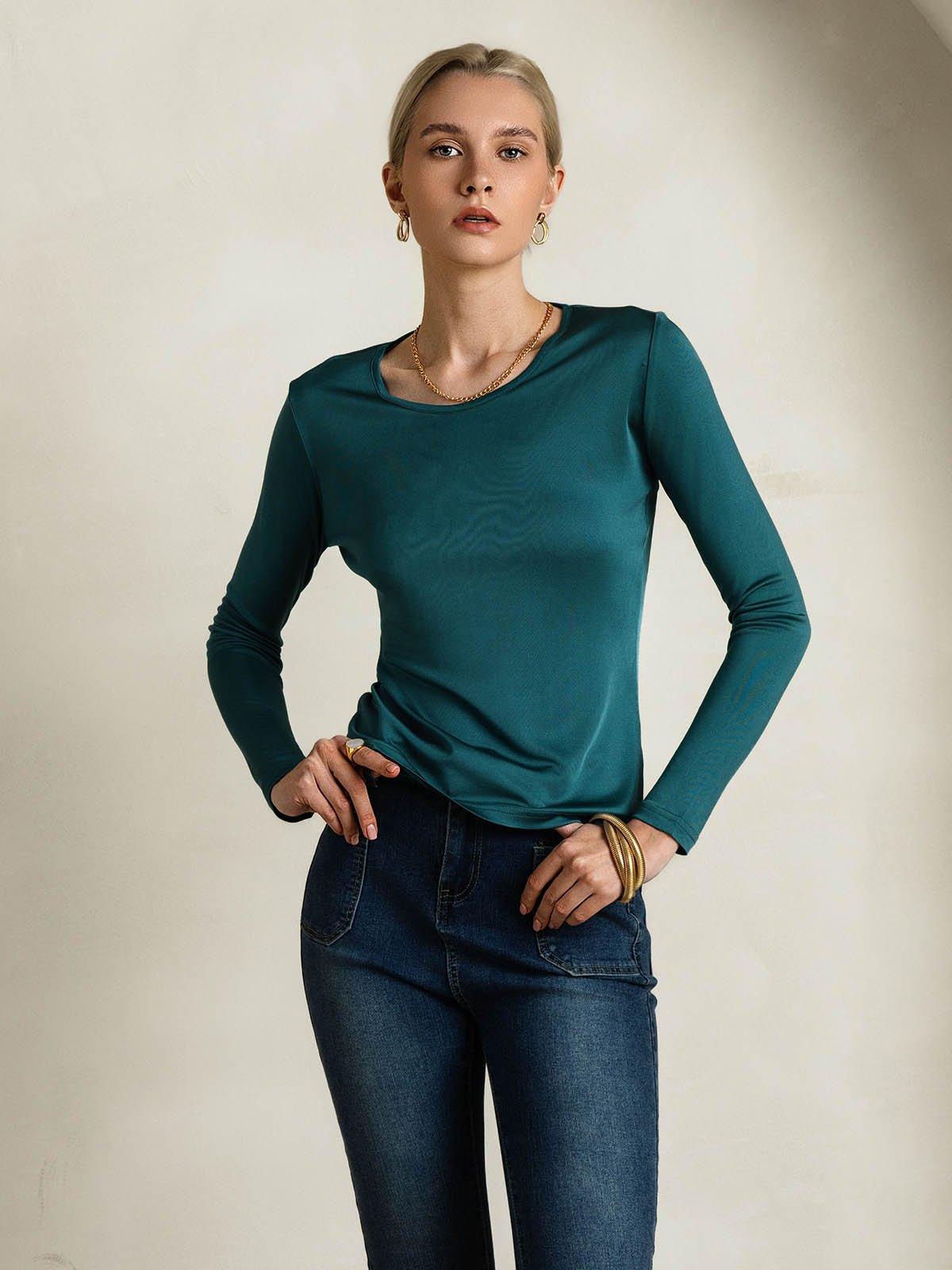 [Vert Posy] SilkSilky-FR Manches longues Col Rond Femme T-Shirt 003