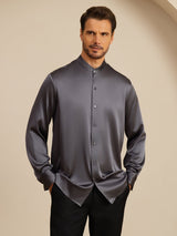[Gris Foncé] SilkSilky-FR Long Sleeve Stand Collar Homme Chemise 001