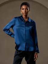 [Bleu Royal] SilkSilky-FR Long Sleeve Lapel Collar Femme Chemise 001