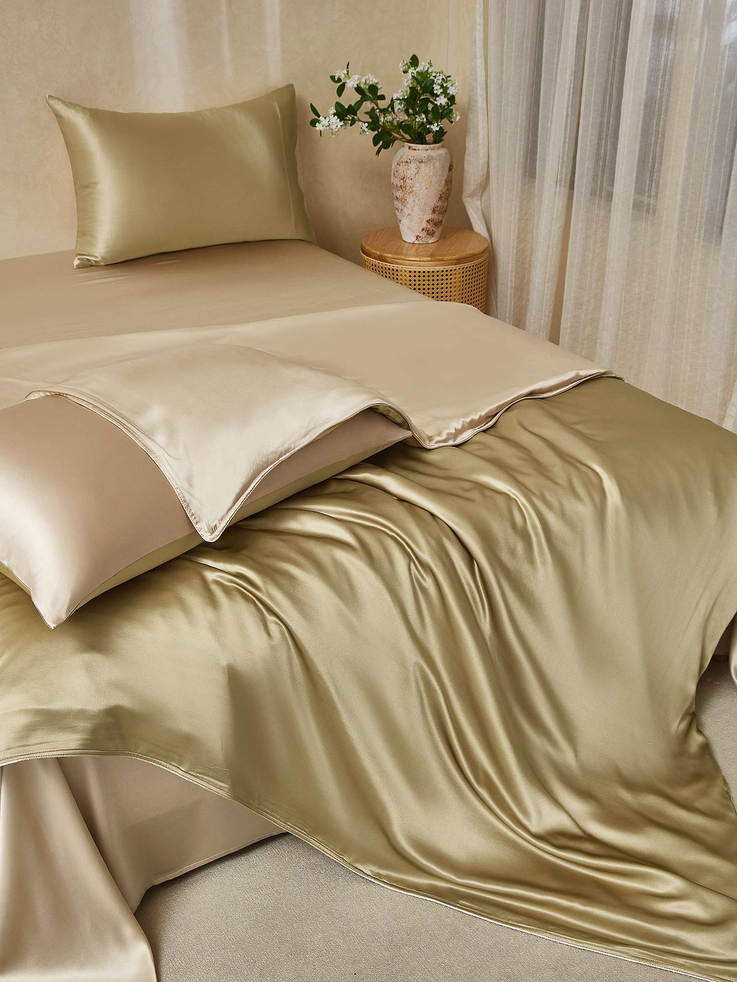 [Beige+Kaki] SilkSilky-FR 22Momme Pure Soie Bedding Set 001,