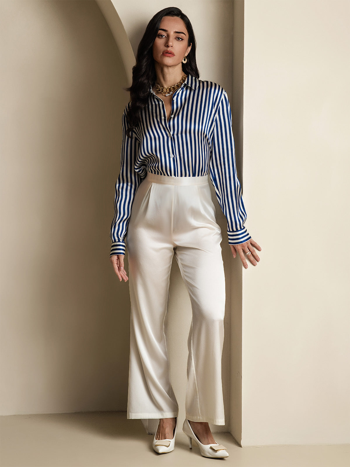 [Rayure Marine] SilkSilky-FR Soie Manches longues Col Chemise Femme Chemise 007