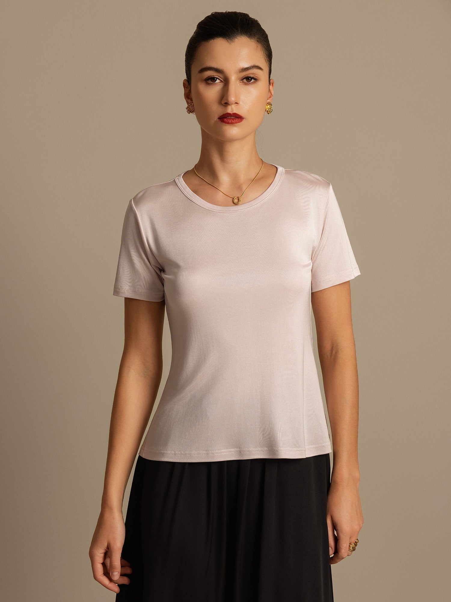 [Rose Clair] SilkSilky-FR Soie Tricotée Col Rond Femme T-Shirt 001,