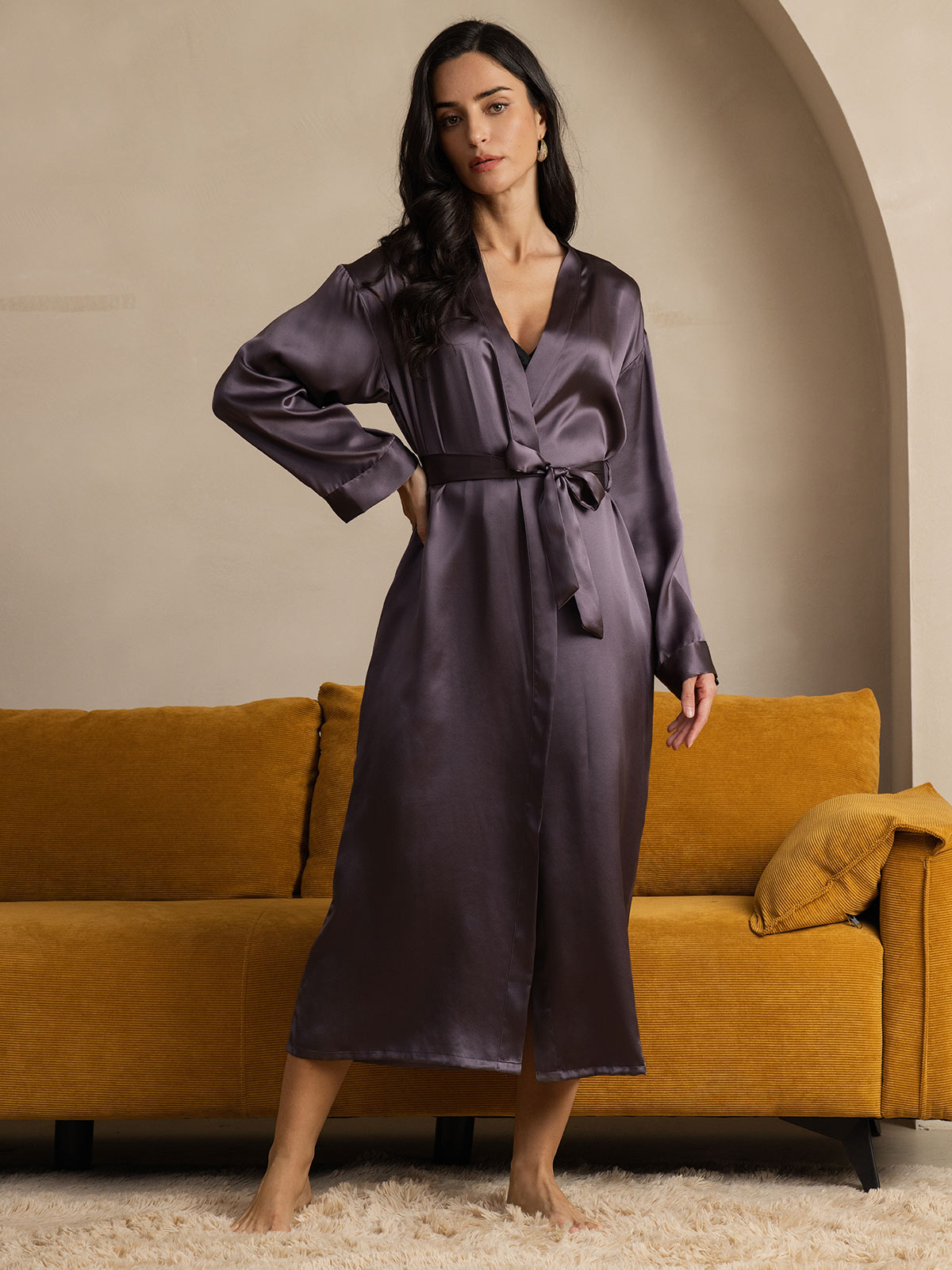 [Gris Pourpre] SilkSilky-FR Pure Soie Womens Robe 003