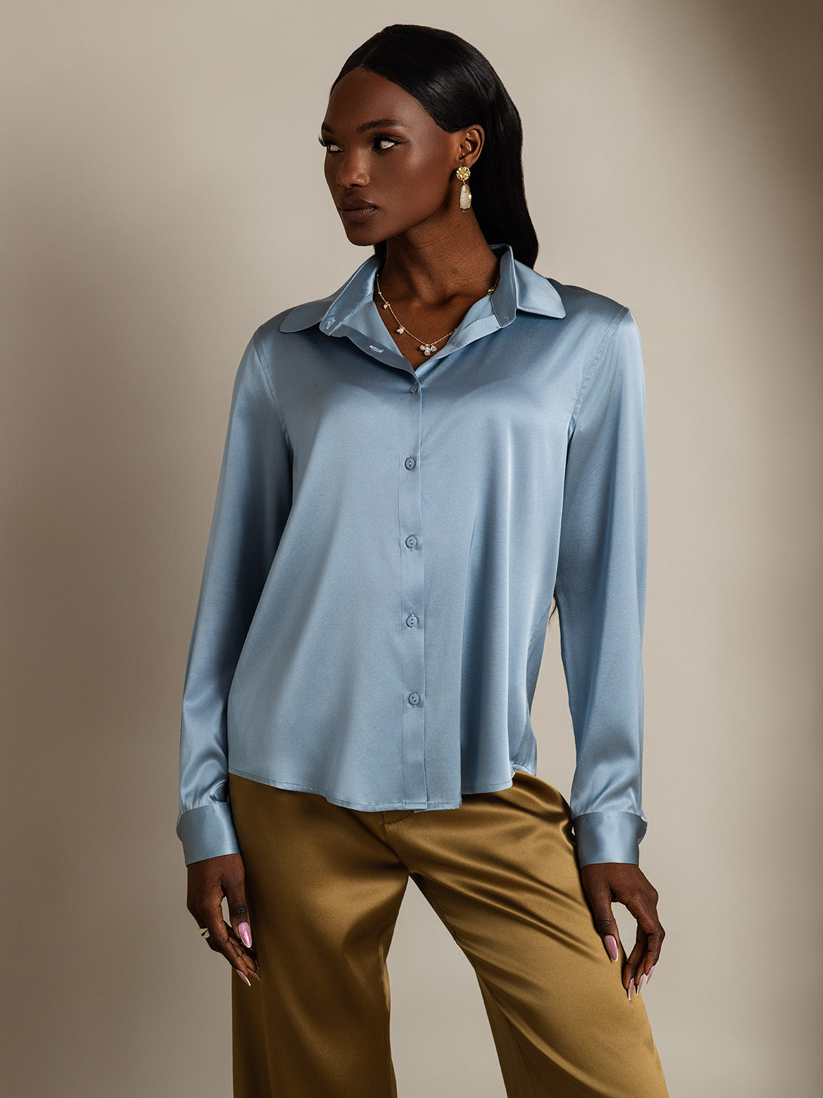 [Bleu Grisâtre] SilkSilky-FR Soie Col Chemise Femme Chemise 001