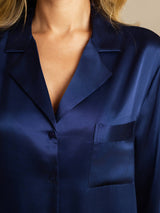 [Bleu Foncé] SilkSilky-FR Long Sleeve Lapel Collar Chemise pour dormir 006