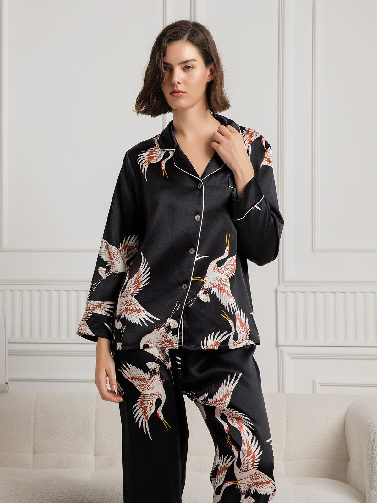 [Noir] SilkSilky-FR 19Momme Pure Soie Womens Pajamas 003
