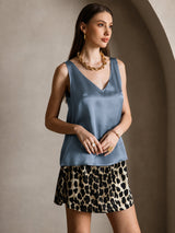 [Bleu Canard Véritable] SilkSilky-FR Sleeveless V Neck Top À Fines Brides 001
