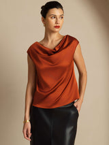 [Caramel] SilkSilky-FR Cap Sleeve Cowl Neck Femme T-Shirt 005