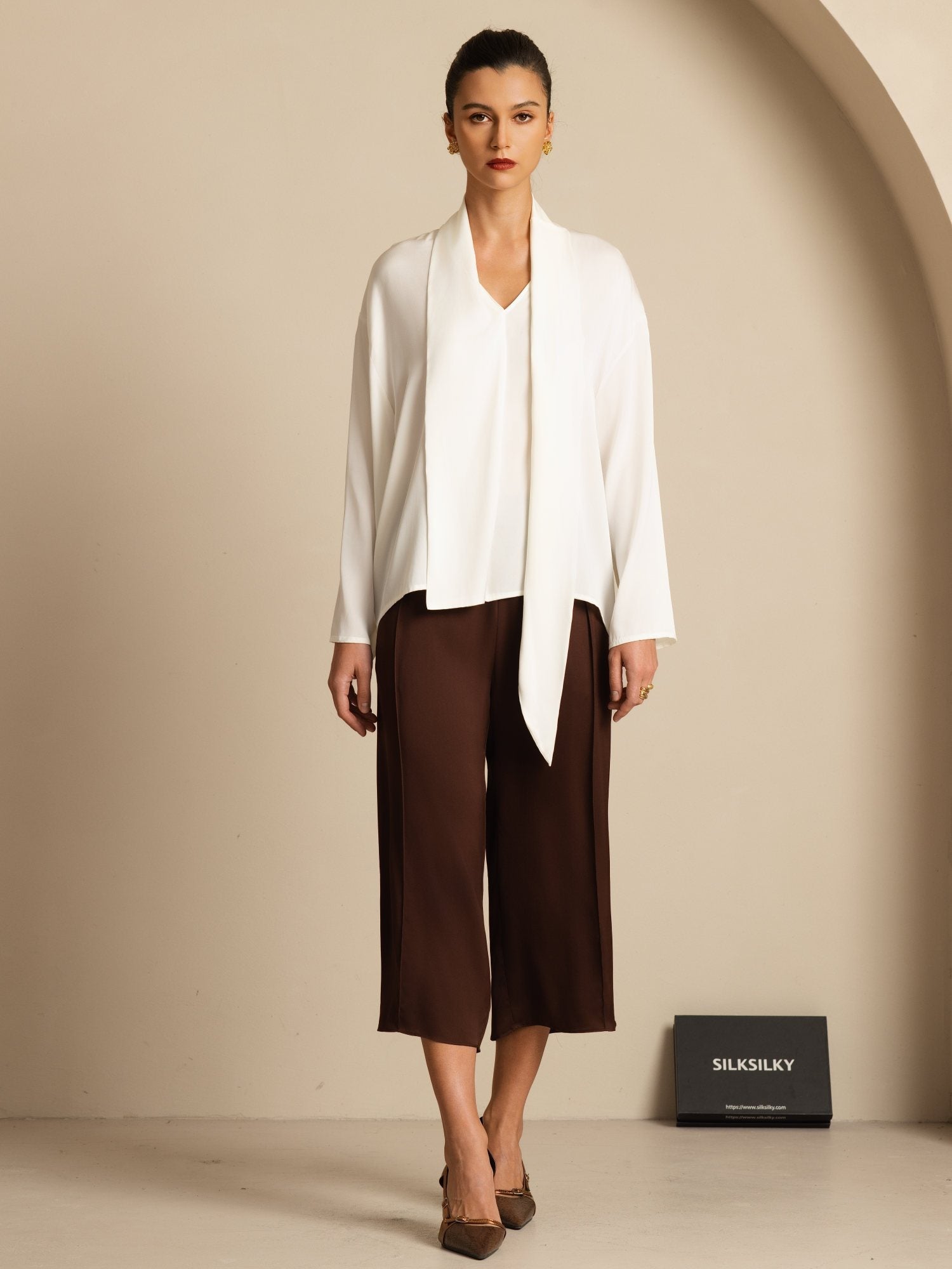 [Blanc] SilkSilky-FR 19Momme Soie Manches longues Col V Blouse 006