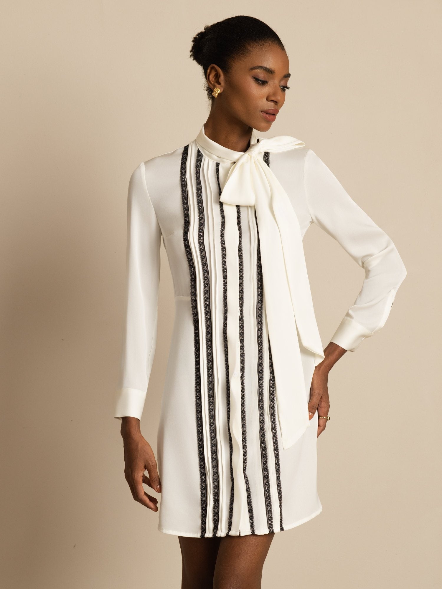 [Blanc] SilkSilky-FR 19Momme Soie Manches longues À Nouer Robes 004