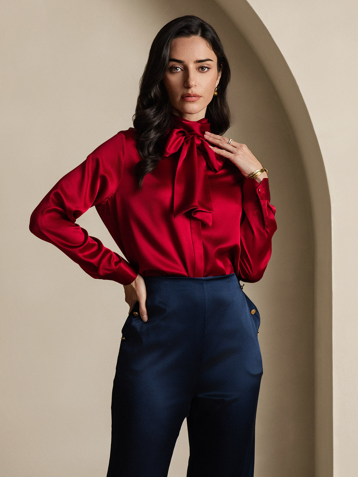 [Rouge Vineux] SilkSilky-FR 19Momme Soie Manches longues Blouse 005