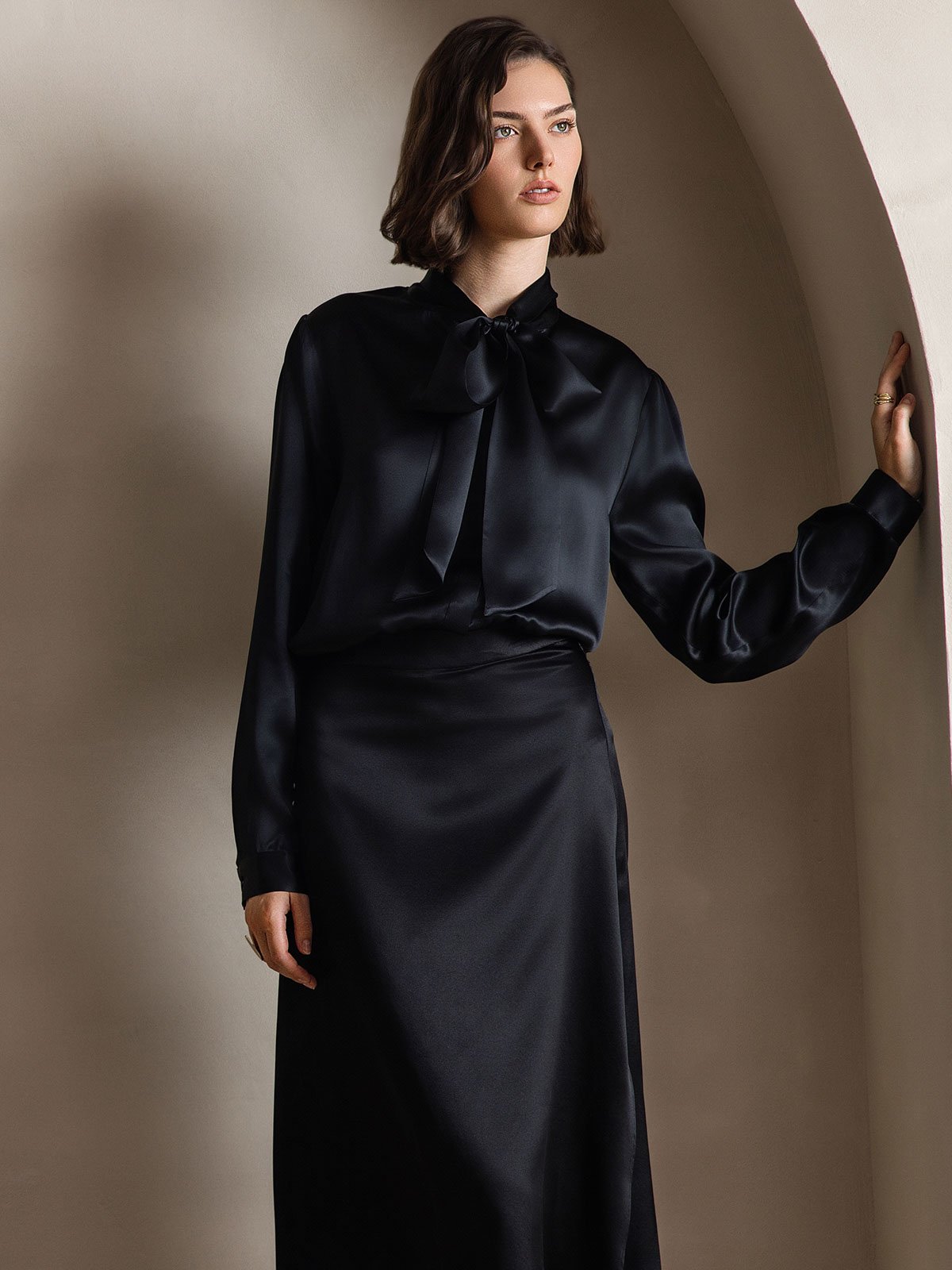 [Noir] SilkSilky-FR 19Momme Manches longues À Nouer Blouse 004