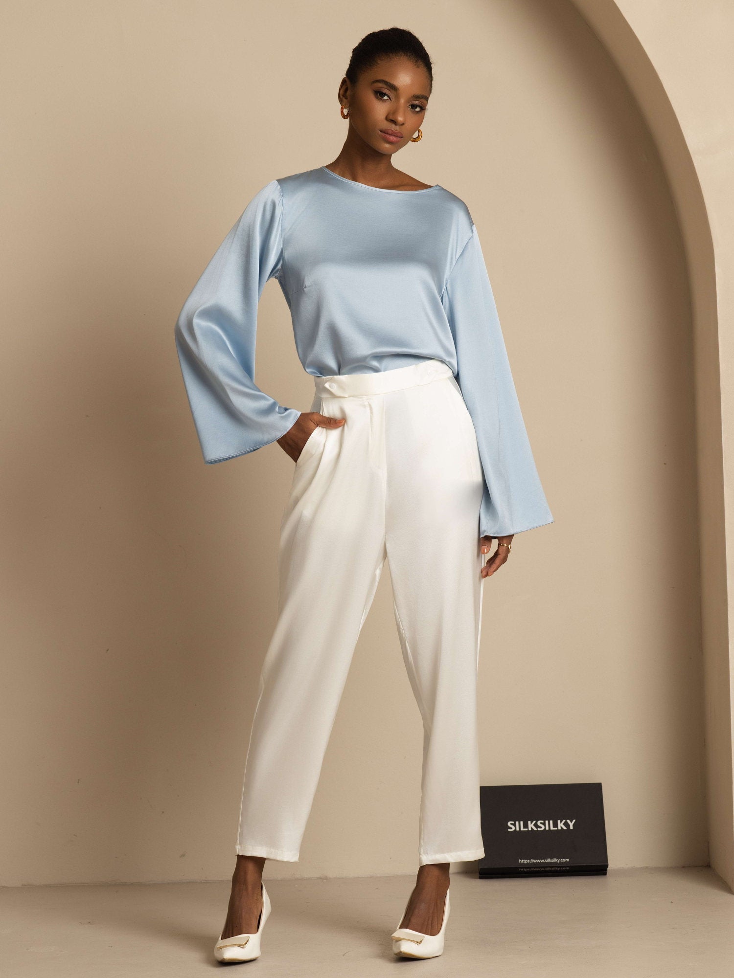 [Bleu Grisâtre] SilkSilky-FR 19Momme Manches longues Col Bateau Blouse 007