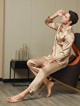 [Champagne] SilkSilky-FR Pure Soie Manches longues Revers Homme Pyjamas 006