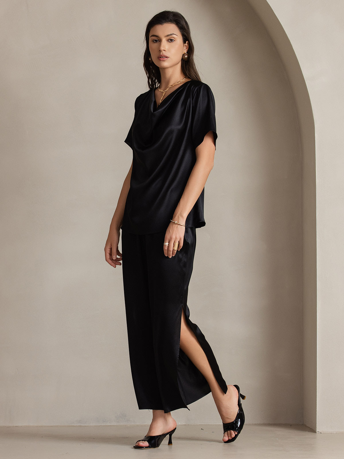 [Noir] SilkSilky-FR 19Momme Soie Womens Pants 008