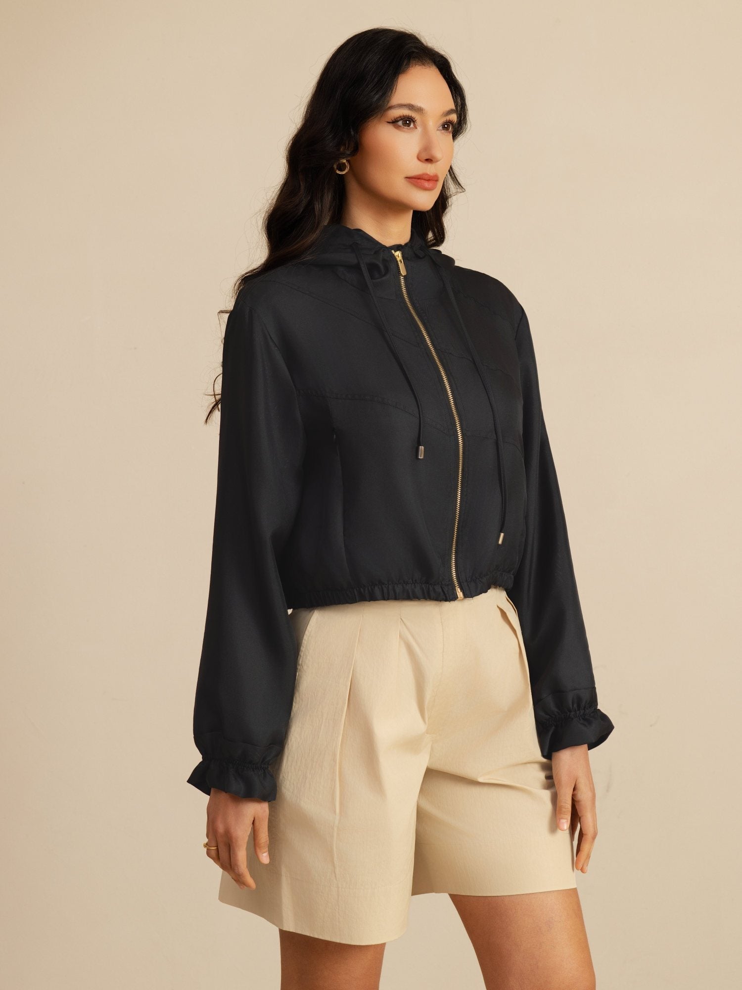 [Noir] SilkSilky-FR 18Momme Manches longues Col Haut Femme Manteaux 006