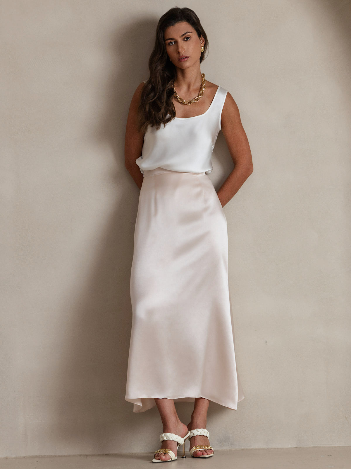 [Blanc] SilkSilky-FR 19Momme Sans manches Encolure Dégagée Top À Fines Brides 007