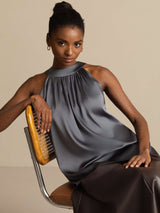 [Gris Foncé] SilkSilky-FR Sleeveless Halter Femme T-Shirt 008
