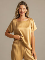 [Tan] SilkSilky-FR 19Momme Manches courtes Femme Pyjamas 006