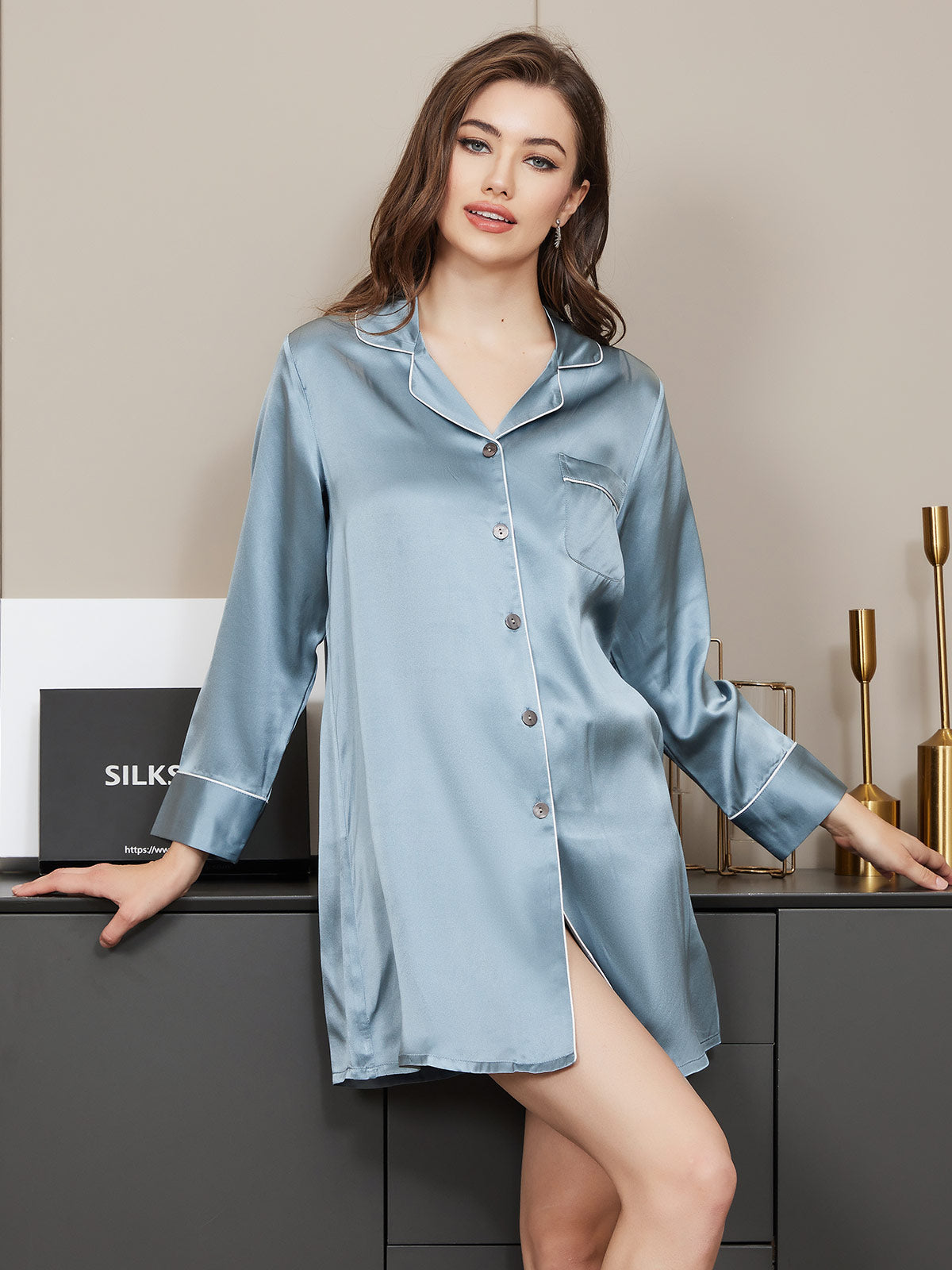 SilkSilky FR Pure Soie Manches longues Revers Chemise pour dormir BleuAcier 001