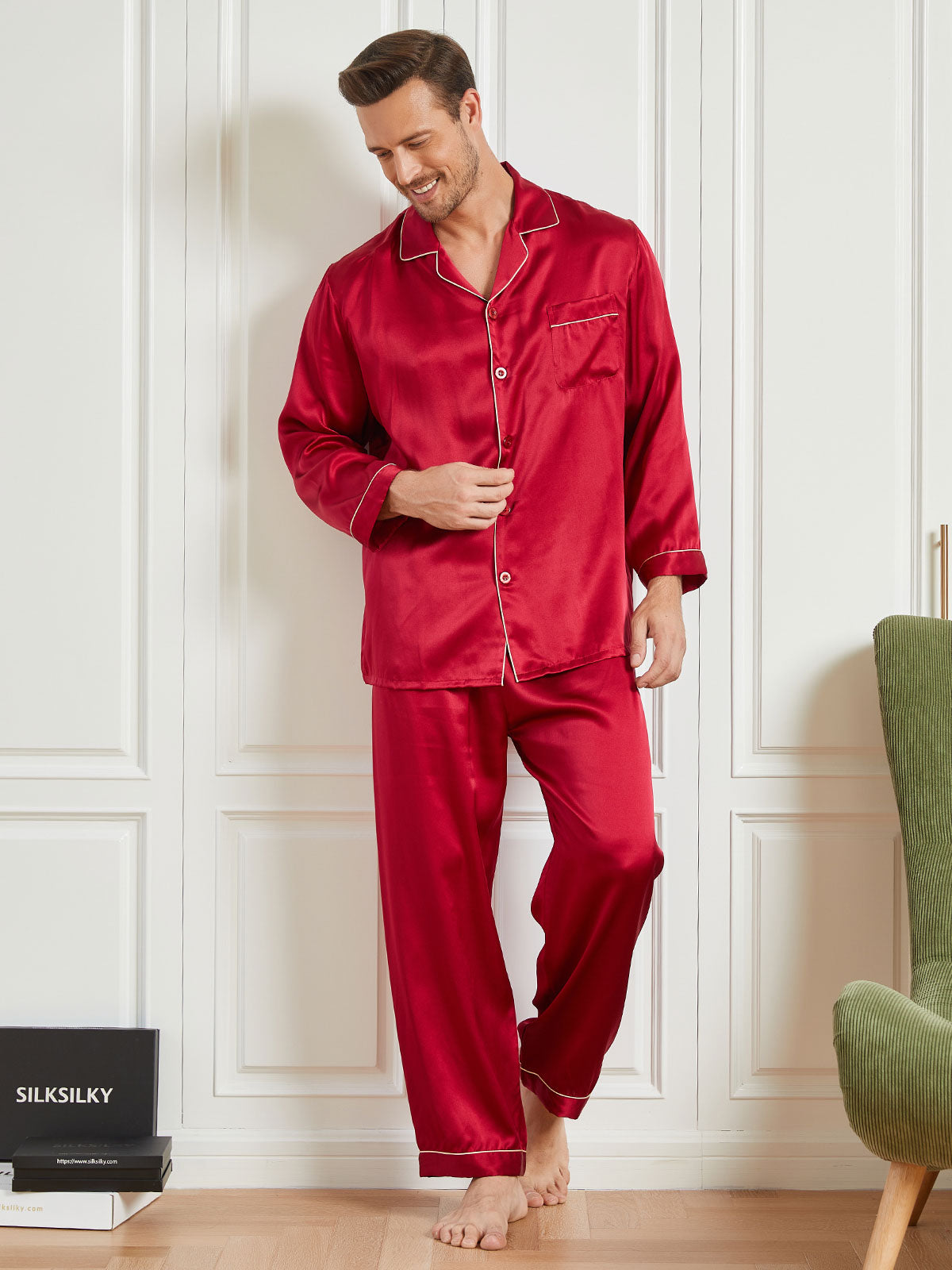 SilkSilky FR 19Momme Pure Soie Manches longues Revers Homme Pyjamas Rouge 003