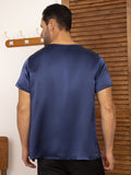 SilkSilky FR Pure Soie Manches courtes Col en V Homme T Shirt BleuFoncé 002