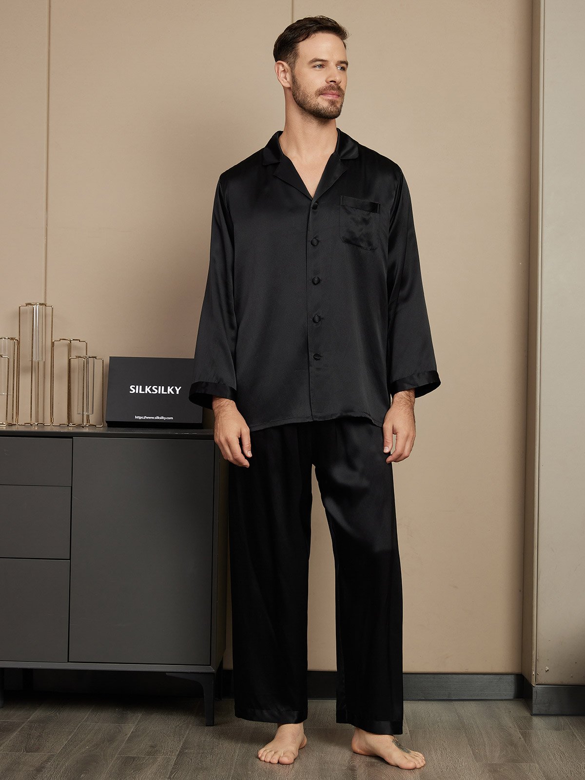 [Noir] SilkSilky-FR Pure Soie Mens Pajamas 001