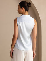 [Bleu Clair] SilkSilky-FR Sleeveless Lapel Collar Femme Chemise 002