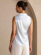 [Bleu Clair] SilkSilky-FR Sleeveless Lapel Collar Femme Chemise 002