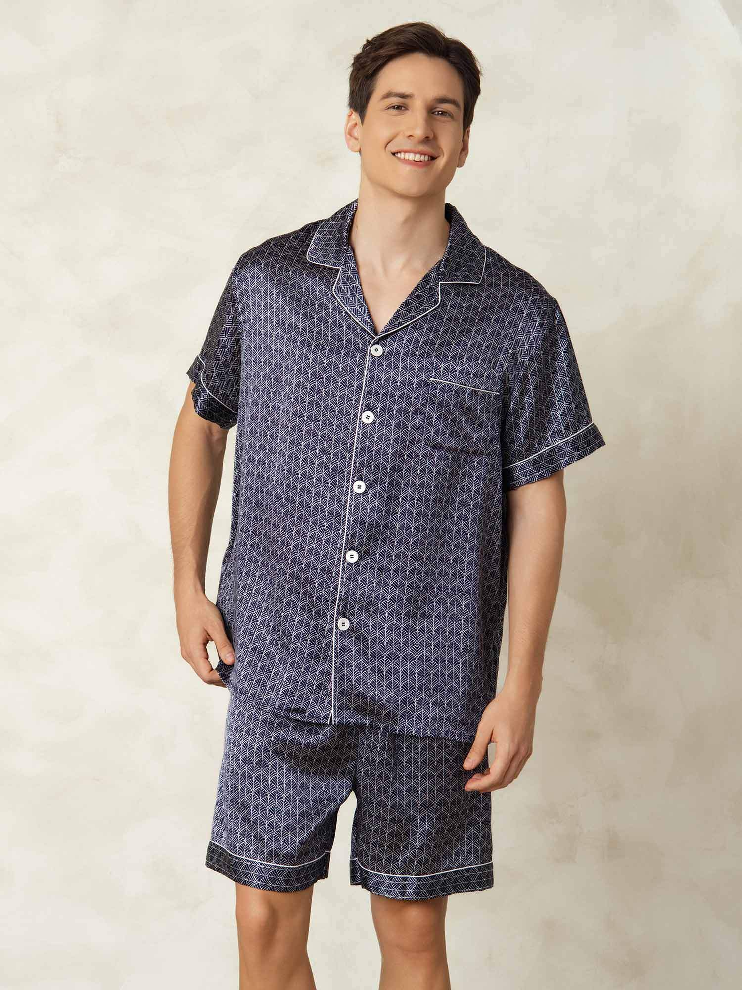 [Ginkgo Marine] SilkSilky-FR Manches courtes Col Cranté Homme Pyjamas 005