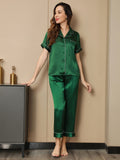 SilkSilky FR Pure Soie Manches courtes Revers Femme Pyjamas Vert 003