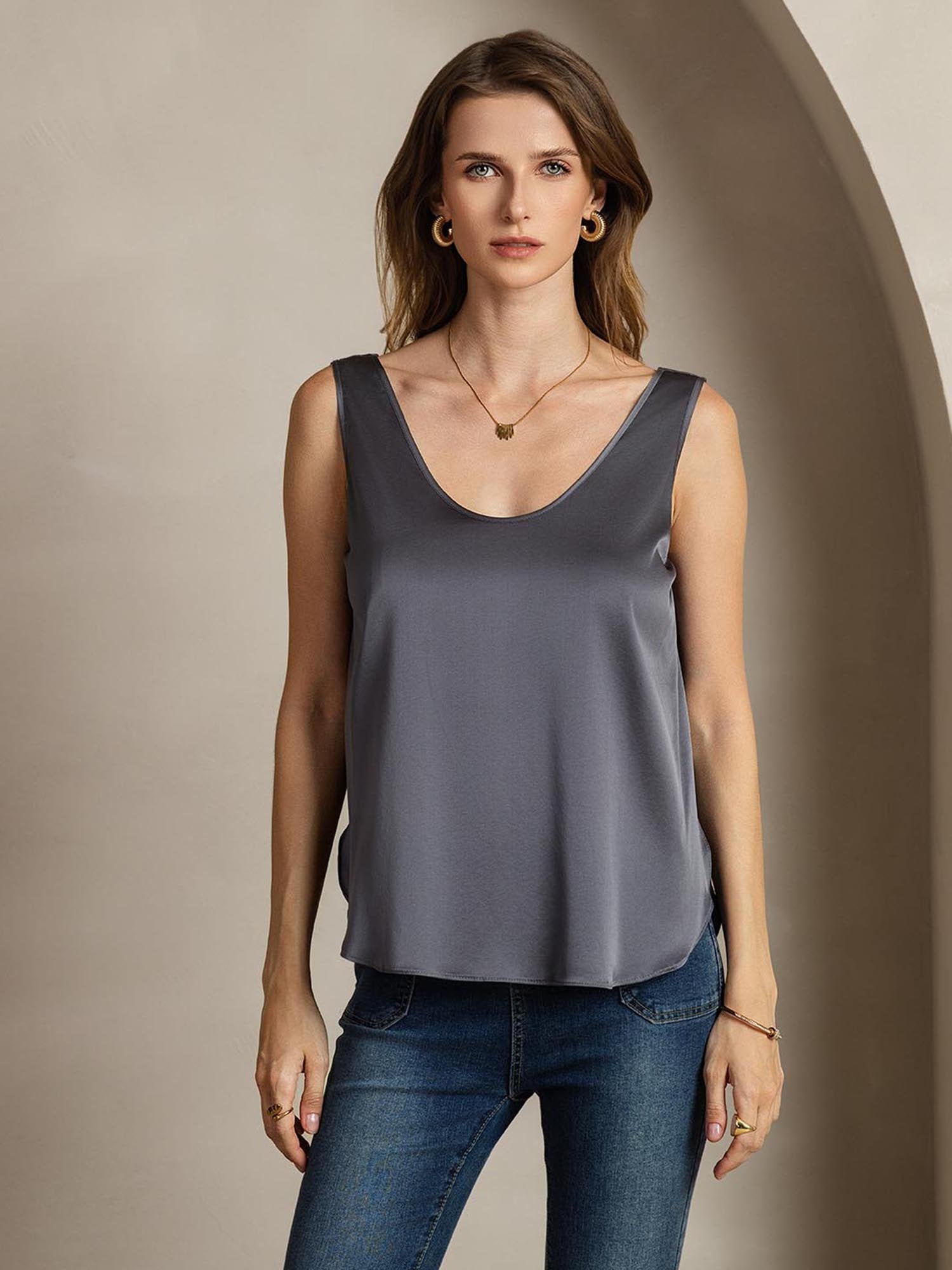 [GrisFoncé] SilkSilky-FR 19Momme Soie Womens T-Shirt 002