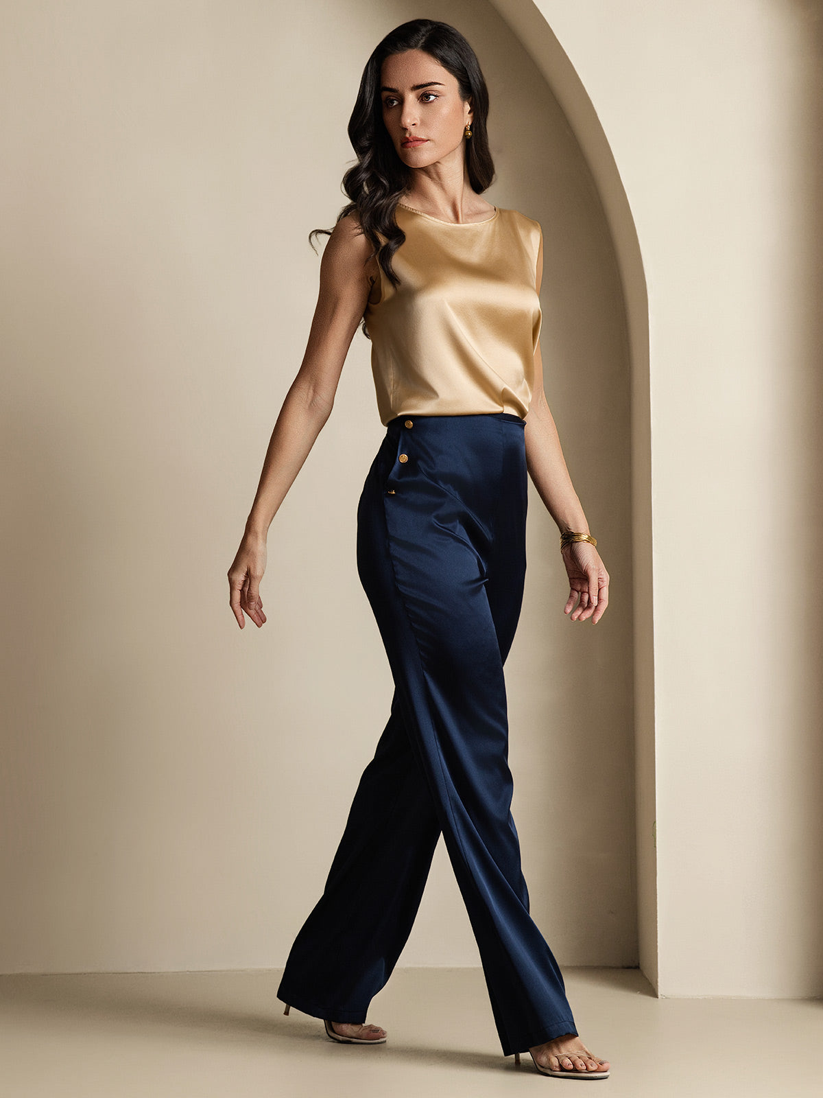 [Bleu Foncé] SilkSilky-FR 19Momme Femme Pantalons 007